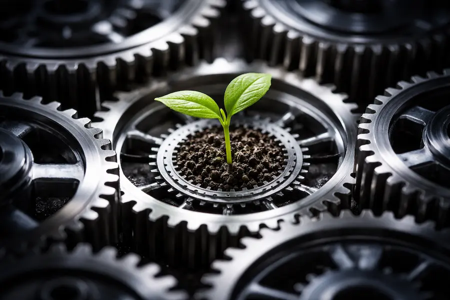 Metáfora visual de engrenagens conectadas impulsionando uma pequena planta crescendo simbolizando automação financeira e crescimento empresarial