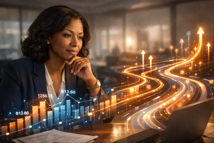 executiva analisando dados estratégicos com apoio de bpo financeiro estratégico