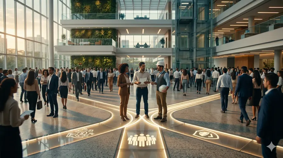 Lideranças de DP, RH e SST em reunião de alinhamento sobre NR-1 riscos psicossociais