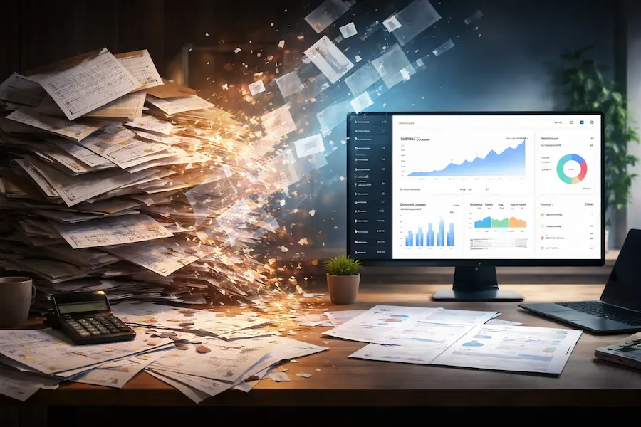 papéis bagunçados se transformando em sistema financeiro organizado com bpo