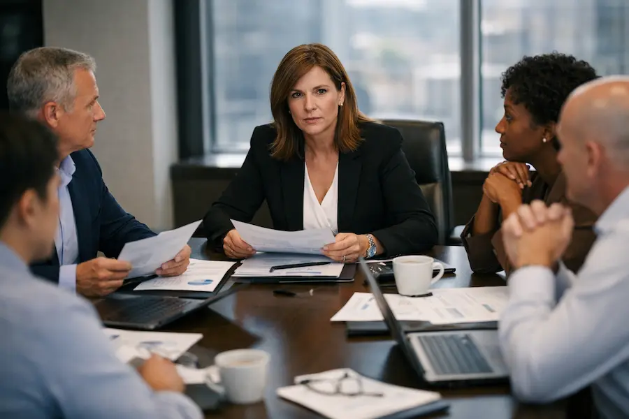 executiva em reunião analisando relatórios financeiros para tomada de decisão estratégica com apoio de bpo financeiro