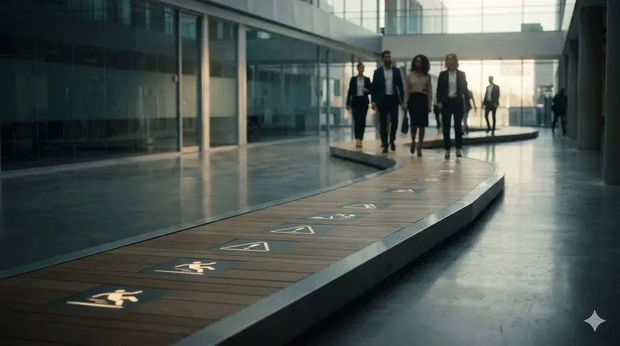 Caminho visual com alertas organizados em etapas de prevenção para NR-1 riscos psicossociais