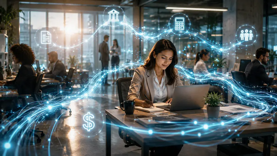 Fluxos luminosos organizados conectando setores de empresa moderna simbolizando automação financeira