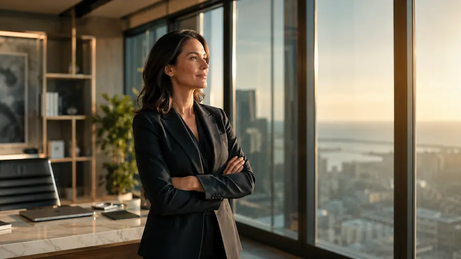 Executiva observando horizonte iluminado dentro de ambiente corporativo moderno simbolizando previsibilidade financeira
